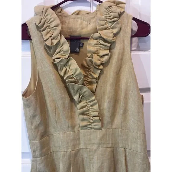Taylor Chartreuse Linen Dress with Ruffle V-Neck Detail Size 8 Spring Summer - Picture 3 of 7